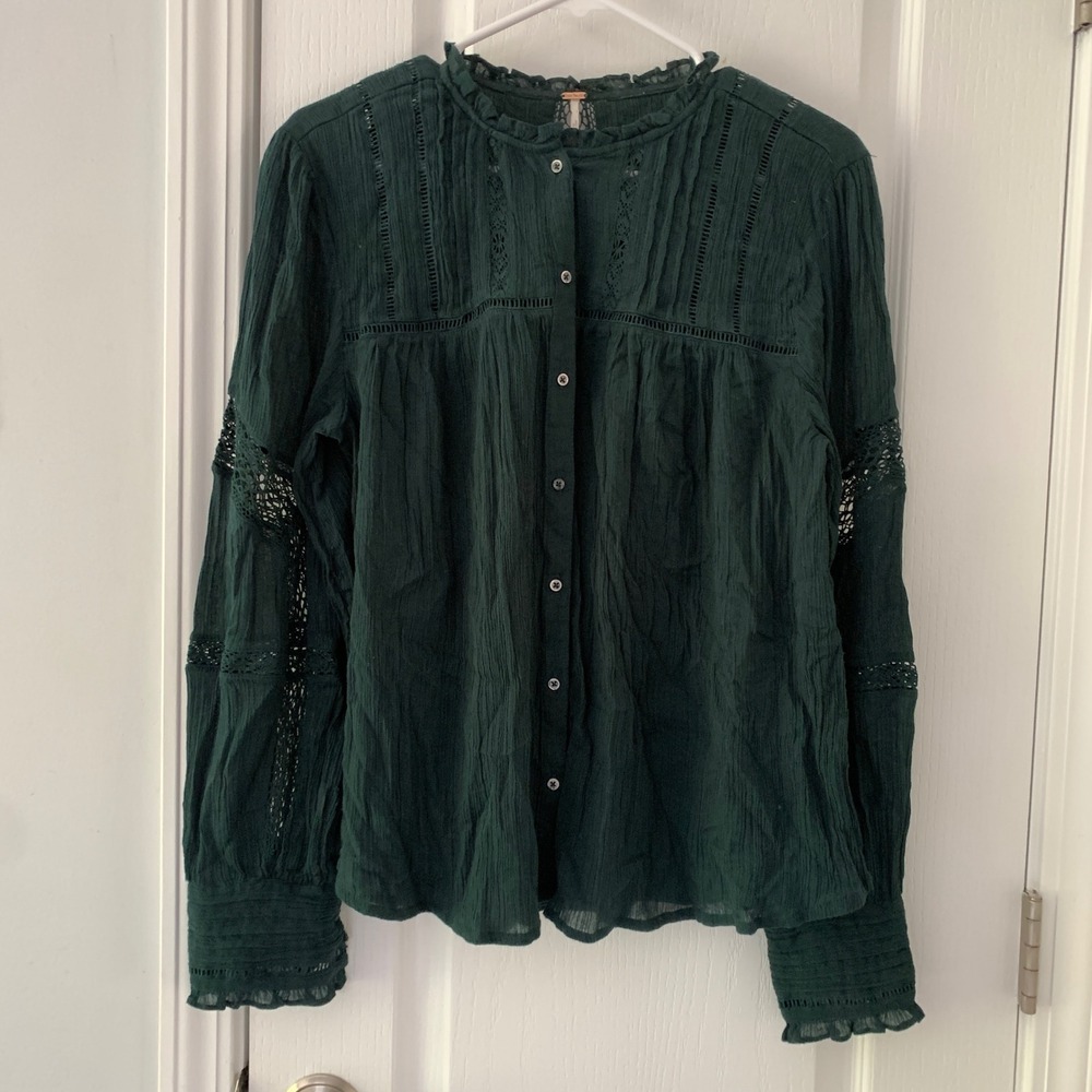 Free People Dark Green Gauze Lace Pintuck Button Down Blouse Medium Boho